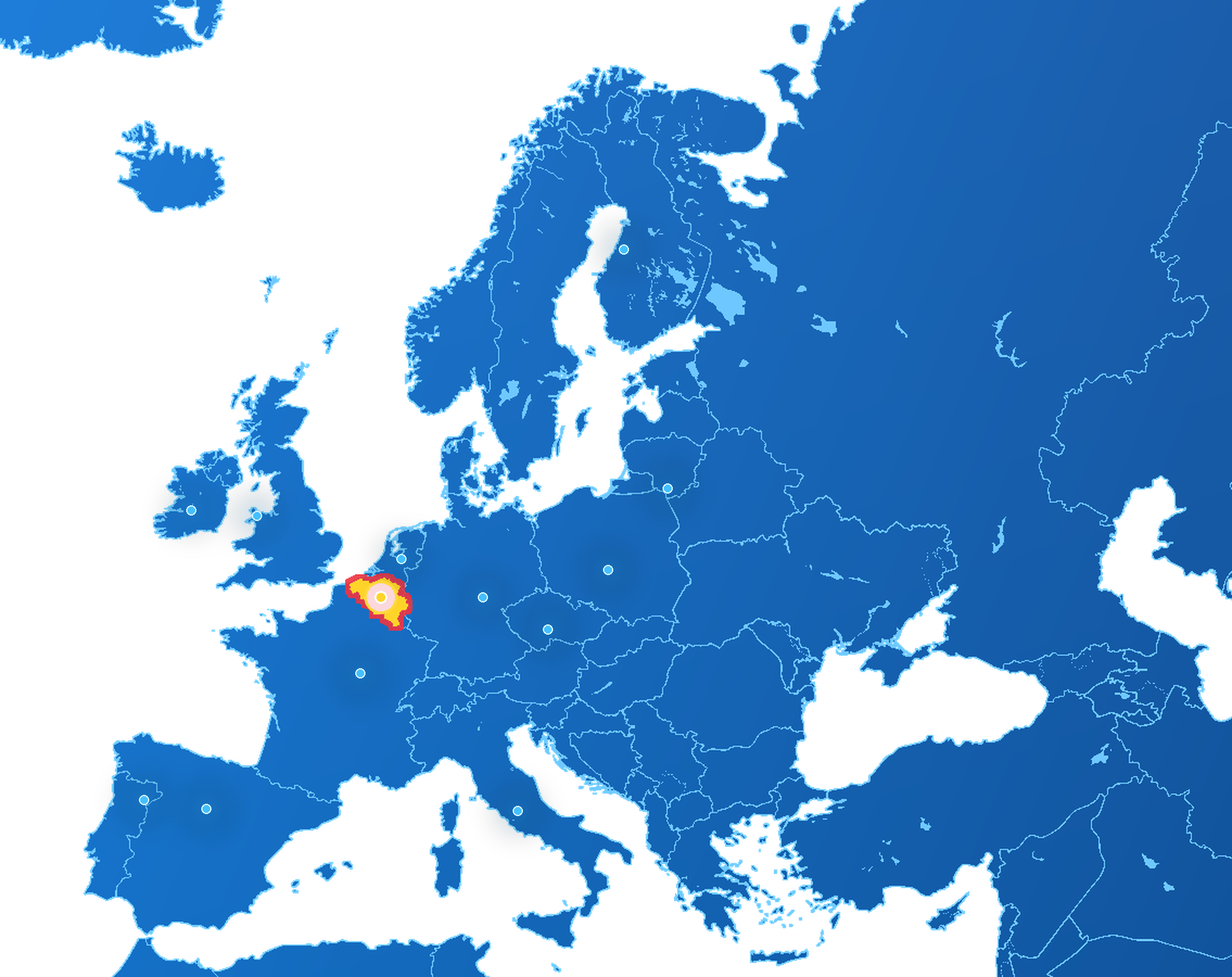 Carte détaillée de l’Europe avec la Belgique précisément mise en évidence et les localisations IP européennes YOORshop